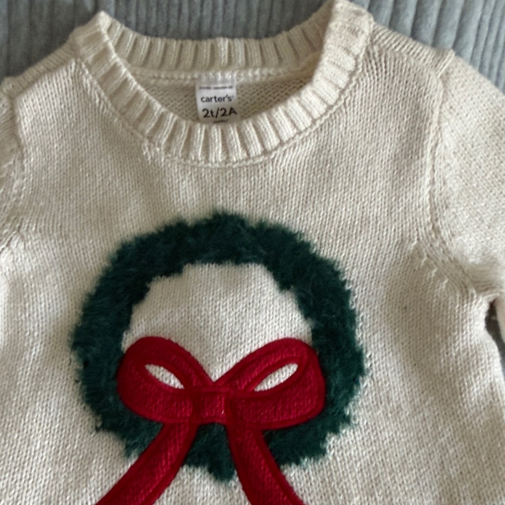 Carter's Cream Sweater with Green Wreath and Red Bow